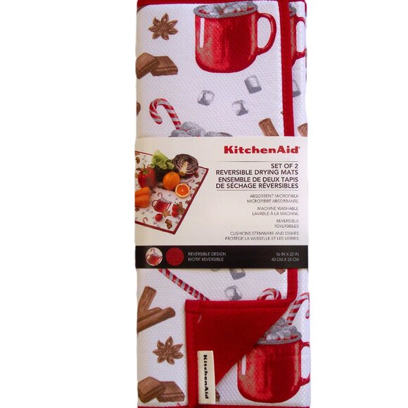 KitchenAid Set of 2 Reversible Drying Mats Red White Peppermint Mocha Coffee NIP - Picture 1 of 5